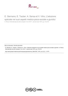 E. Germano, E. Tauber, A. Sansa et V. Vitro, L adozione spéciale nei suoi aspetti medico-psico-sociale e giuridici - note biblio ; n°1 ; vol.25, pg 213-215