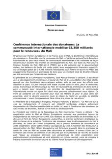Commission Européenne - Conférence internationale des donateurs : La communauté internationale mobilise €3,250 milliards pour le renouveau du Mali