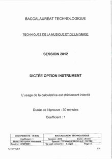 Sujet du bac serie TMD 2012: Dictée option Instrument-métropole