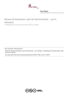 Renaus de Montauban, oder die Haimonskinder..., par H. Michelant.  ; n°1 ; vol.25, pg 382-384