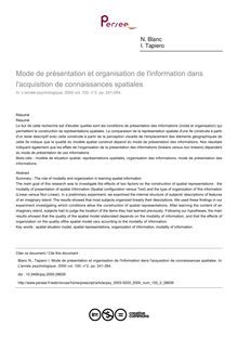 Mode de présentation et organisation de l information dans l acquisition de connaissances spatiales - article ; n°2 ; vol.100, pg 241-264