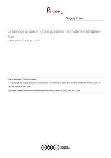 Le langage lyrique en Chine populaire : la modernité et l après-Mao - article ; n°1 ; vol.66, pg 125-133