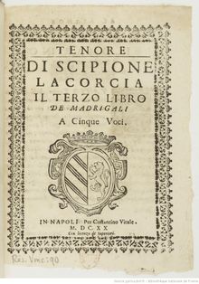 Partition ténor, Il terzo libro de Madrigali a cinque voci, Lacorcia, Scipione