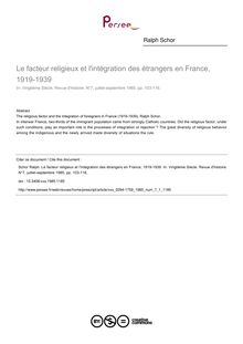 Le facteur religieux et l intégration des étrangers en France, 1919-1939 - article ; n°1 ; vol.7, pg 103-116