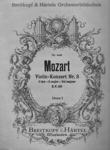Partition cor 1 (G, D), violon Concerto No.3, G major, Mozart, Wolfgang Amadeus