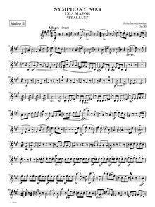 Partition violons II, Symphony No.4 en A major, Sinfonie Nr.4 in A-Dur "Italienische"