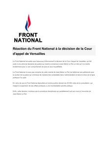 FN : Réaction du Front National à la décision de la Cour d appel de Versailles