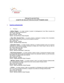 PROJETS ACCEPTES COMITE DE SELECTION DU 29 SEPTEMBRE 2009