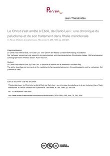 Le Christ s est arrêté à Eboli, de Carlo Levi : une chronique du paludisme et de son traitement dans l Italie méridionale - article ; n°285 ; vol.78, pg 200-204