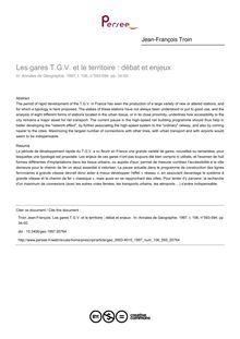 Les gares T.G.V. et le territoire : débat et enjeux  - article ; n°593 ; vol.106, pg 34-50