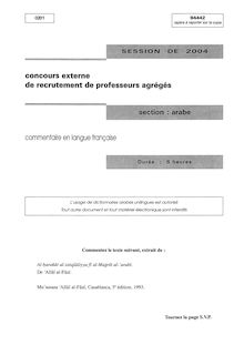 Commentaire de texte en français 2004 Agrégation d arabe Agrégation (Externe)