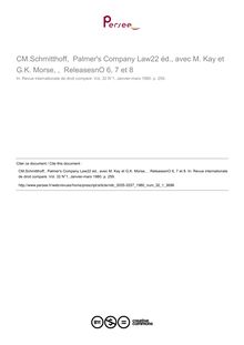 CM.Schmitthoff,  Palmer s Company Law22 éd., avec M. Kay et G.K. Morse, ,  ReleasesnO 6, 7 et 8 - note biblio ; n°1 ; vol.32, pg 259-259
