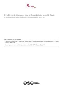 P. MEinhardt, Company Law in Great Britain, avec N. Davis - note biblio ; n°3 ; vol.35, pg 668-668