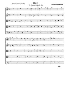 Partition , Magna est gloria eius - transposed up a fourthComplete score (Tr Tr T T B), Motets