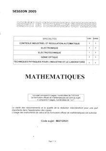 Mathématiques 2005 BTS Contrôle industriel et régulation automatique