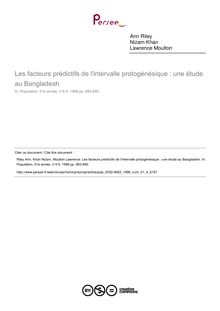 Les facteurs prédictifs de l intervalle protogénésique : une étude au Bangladesh - article ; n°4 ; vol.51, pg 883-895