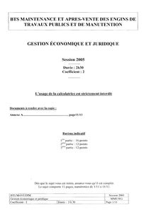 Gestion économique et juridique 2005 BTS Maintenance travaux publics et de manutention