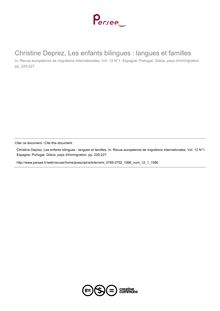 Christine Deprez, Les enfants bilingues : langues et familles  ; n°1 ; vol.12, pg 225-227