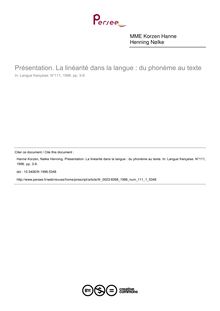 Présentation. La linéarité dans la langue : du phonème au texte - article ; n°1 ; vol.111, pg 3-9