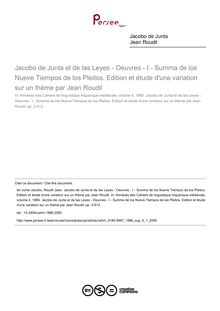 Jacobo de Junta el de las Leyes - Oeuvres - I - Summa de los Nueve Tiempos de los Pleitos. Edition et étude d une variation sur un thème par Jean Roudil - article ; n°1 ; vol.4, pg 3-513