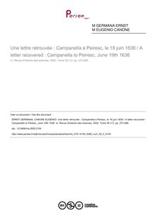 Une lettre retrouvée : Campanella à Peiresc, le 19 juin 1636 / A letter recovered : Campanella to Peiresc, June 19th 1636 - article ; n°2 ; vol.55, pg 273-286