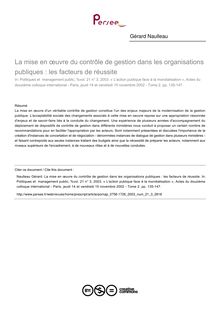 La mise en œuvre du contrôle de gestion dans les organisations publiques : les facteurs de réussite - article ; n°3 ; vol.21, pg 135-147