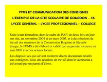PPMS ET COMMUNICATION DES CONSIGNES L EXEMPLE DE LA CITE SCOLAIRE DE GOURDON