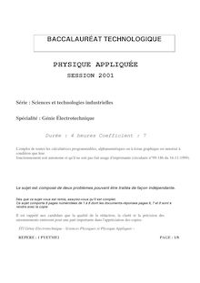 Baccalaureat 2001 physique appliquee s.t.i (genie electrotechnique)