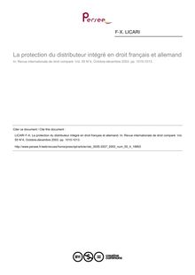 La protection du distributeur intégré en droit français et allemand - note biblio ; n°4 ; vol.55, pg 1010-1013