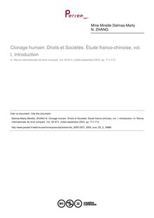 Clonage humain. Droits et Sociétés. Étude franco-chinoise, vol. I, Introduction - note biblio ; n°3 ; vol.55, pg 711-713
