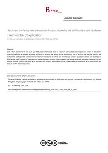 Jeunes enfants en situation interculturelle et difficultés en lecture : recherche d explication - article ; n°1 ; vol.98, pg 57-68