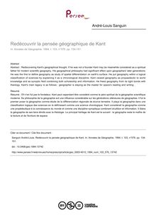 Redécouvrir la pensée géographique de Kant - article ; n°576 ; vol.103, pg 134-151