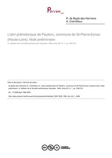 L abri préhistorique de Peylenc, commune de St-Pierre-Eynac (Haute-Loire). Note préliminaire - article ; n°1 ; vol.63, pg 208-219