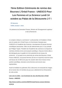 7ème Edition Cérémonie de remise des Bourses L Oréal France - UNESCO Pour Les Femmes et La Science Lundi 14 octobre au Palais de la Découverte J-7 !