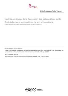 L entrée en vigueur de la Convention des Nations Unies sur le Droit de la mer et les conditions de son universalisme - article ; n°1 ; vol.39, pg 850-873