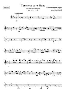 Partition violons I, Piano Concerto No.18, B♭ major, Mozart, Wolfgang Amadeus