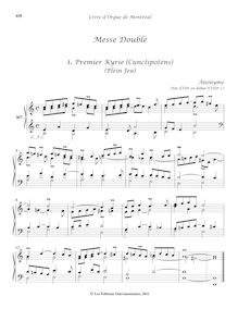 Partition 307-3, Messe Double: , Premier Kyrie (Cunctipotens) (Plein Jeu) - , Fugue grave - 2e Kirie - , Duo - 3e Kirie - , Pour la basse de Trompette - 4e Kirie - , 5e et Dernier Kirie (Plein Jeu), Livre d orgue de Montréal