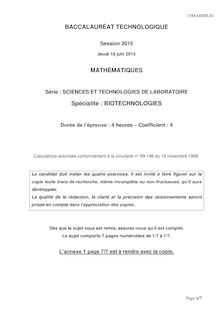 Bac 2015: sujet Mathématiques Sciences et Technologies de Laboratoire Spécialité : BIOTECHNOLOGIES