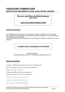 Mathématiques 2003 Classe Prepa MP Ecoles des Mines d Albi, Alès, Douai, Nantes