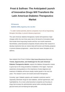 Frost & Sullivan: The Anticipated Launch of Innovative Drugs Will Transform the Latin American Diabetes Therapeutics Market