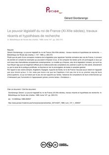 Le pouvoir législatif du roi de France (XI-XIIe siècles), travaux récents et hypothèses de recherche - article ; n°1 ; vol.147, pg 283-310