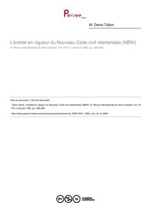L entrée en vigueur du Nouveau Code civil néerlandais (NBW) - compte-rendu ; n°2 ; vol.44, pg 485-486