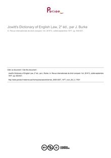 Jowitt s Dictionary of English Law, 2 éd., par J. Burke - note biblio ; n°3 ; vol.29, pg 630-631