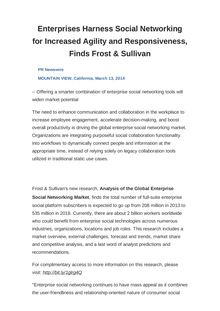 Enterprises Harness Social Networking for Increased Agility and Responsiveness, Finds Frost & Sullivan