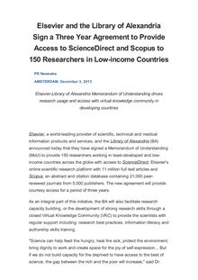 Elsevier and the Library of Alexandria Sign a Three Year Agreement to Provide Access to ScienceDirect and Scopus to 150 Researchers in Low-income Countries