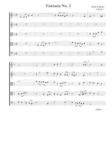 Partition Fantasia VdGS No.3 - partition complète (Tr Tr T T B), fantaisies pour 5 violes de gambe par John Jenkins