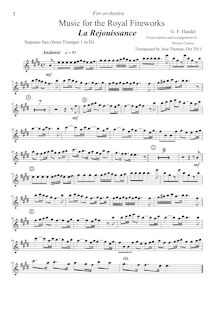 Partition Soprano Sax. (Alternate pour trompette 1 en D), Music pour pour Royal Fireworks par George Frideric Handel