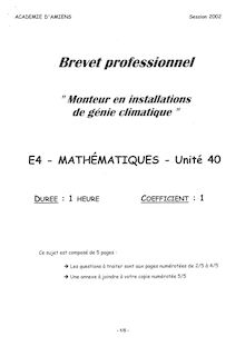 Mathématiques 2002 BP - Monteur en installations de génie climatique
