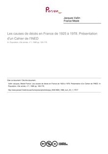 Les causes de décès en France de 1925 à 1978. Présentation d un Cahier de l INED - article ; n°1 ; vol.43, pg 165-179
