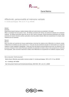 Affectivité, personnalité et mémoire verbale - article ; n°2 ; vol.81, pg 485-509